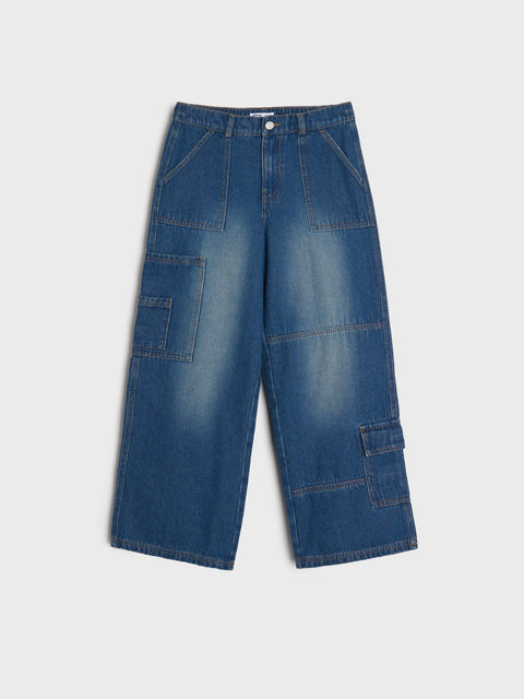 Blue denim cargo pants on a white background