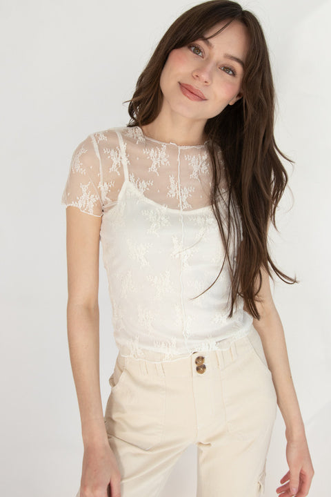 Ultra Flirt Women's Beige Lace Tee & Cami Blouse | Ultra Flirt In Lebanon