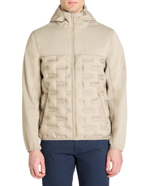 Beige jacket with a hood worn by a person on a white background