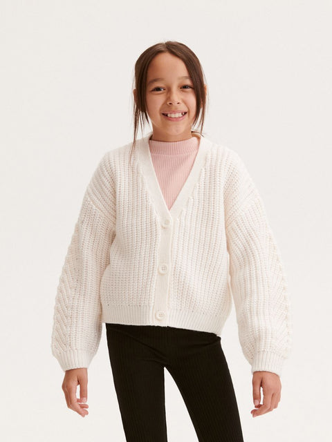 Reserved Girl's White Ribbed Knitted Cardigan | Reserved In Lebanon