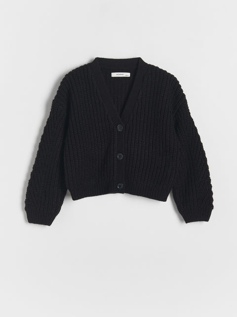 Black ribbed knit cardigan on a light gray background