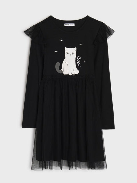 Sinsay Girl's Black Kitten Motif Cotton & Tulle Dress | Sinsay In Lebanon