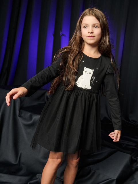 Sinsay Girl's Black Kitten Motif Cotton & Tulle Dress | Sinsay In Lebanon