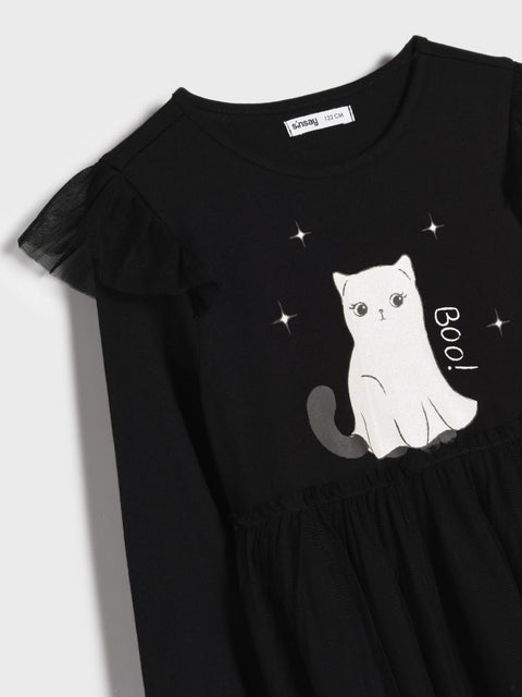 Sinsay Girl's Black Kitten Motif Cotton & Tulle Dress | Sinsay In Lebanon