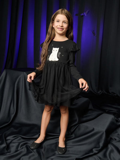 Sinsay Girl's Black Kitten Motif Cotton & Tulle Dress | Sinsay In Lebanon