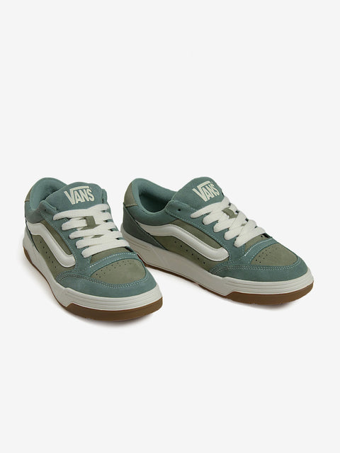 Pair of teal and gray sneakers with white laces on a white background