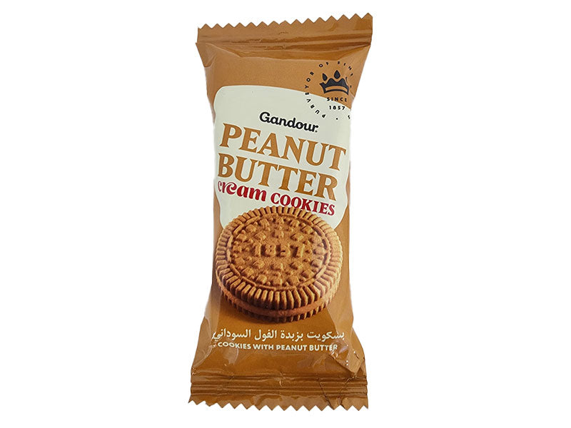Packaged cookies with peanut butter flavor on a white background