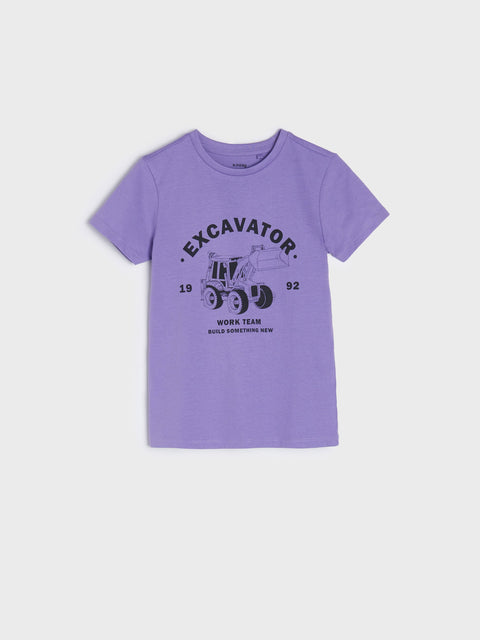 Purple t-shirt with 'Excavator' graphic on a white background