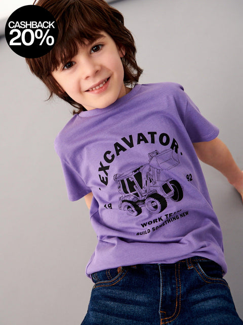 Child wearing a purple t-shirt with an excavator graphic and text.