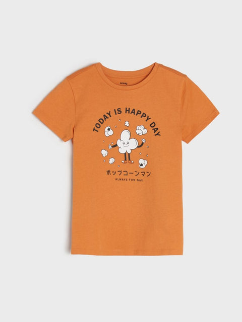 Orange t-shirt with a cloud graphic and text on a white background