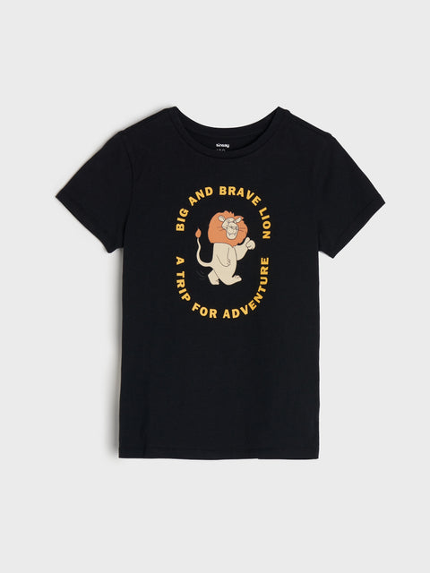 Black t-shirt with a lion graphic and text on a white background