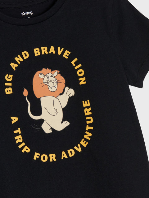 Black t-shirt with a lion graphic and text on a white background