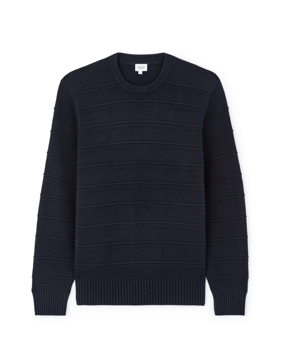 Navy blue striped sweater on a white background