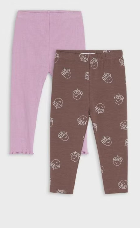 Two pairs of leggings, one pink and one brown with a pattern, on a white background.