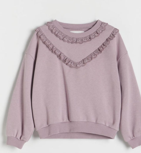 Purple sweatshirt with lace details on a light gray background