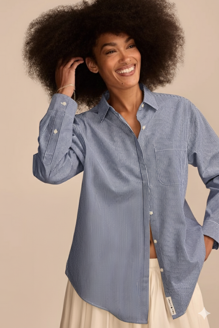 Lucky Brand Women's Navy & White Stripe Oversize Button Back Cotton Button-Up Shirt | Lucky Brand In Lebanon