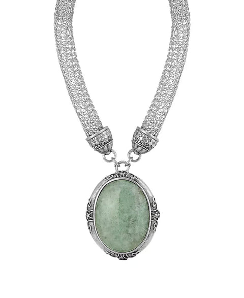 2028 Women's Silver-Tone Mesh Tube Chain with Oval Green Pendant 18" Necklace | 2028 In Lebanon