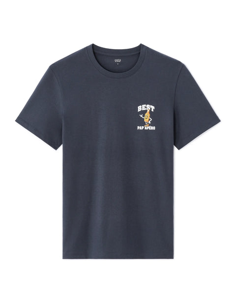 Navy blue t-shirt with a small graphic on the chest against a white background