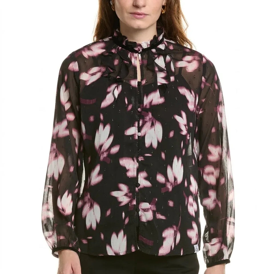 Anne Klein Women's Black Ruffle Neck Blouse