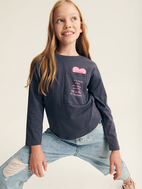Reserved Girl's Dark Grey Chest Pocket Long Sleeve Blouse | Reserved In Lebanon