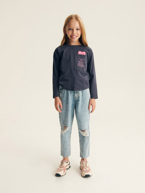 Reserved Girl's Dark Grey Chest Pocket Long Sleeve Blouse | Reserved In Lebanon