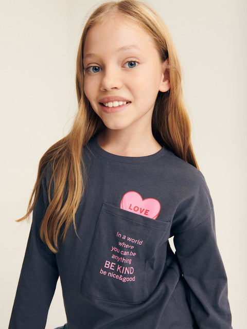 Reserved Girl's Dark Grey Chest Pocket Long Sleeve Blouse | Reserved In Lebanon