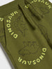 Green children's sweatpants with dinosaur designs and text on a white background