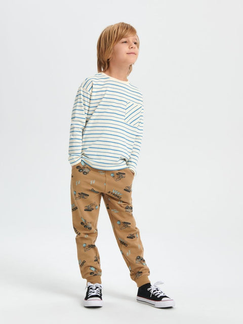 Child wearing a striped shirt and patterned pants on a white background