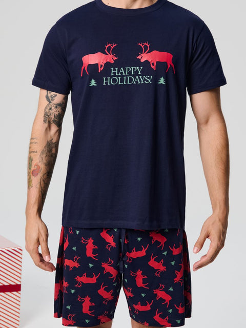 Navy blue t-shirt with red deer graphics and 'Happy Holidays!' text, paired with navy shorts with red deer pattern.