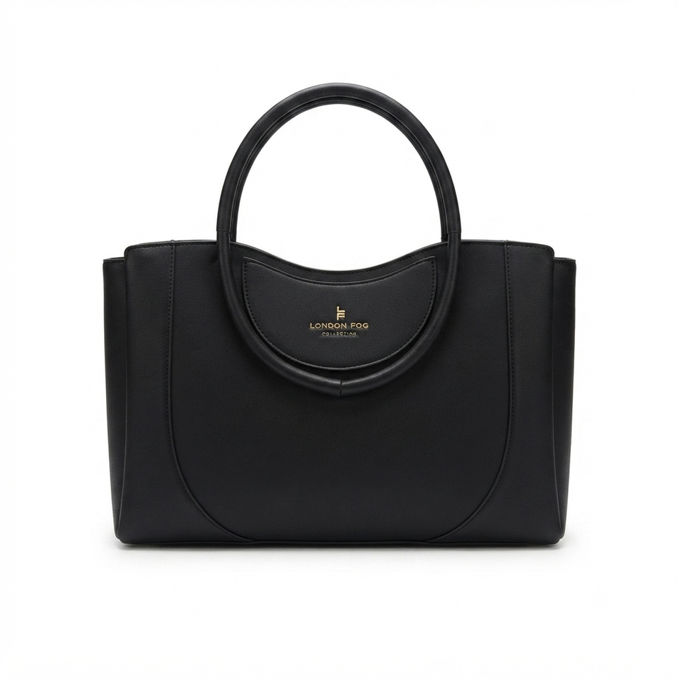 A black leather handbag with a structured rectangular body, a single top handle, and a curved flap detail on the front featuring a gold 'LONDON FOO' logo, set against a plain white background.