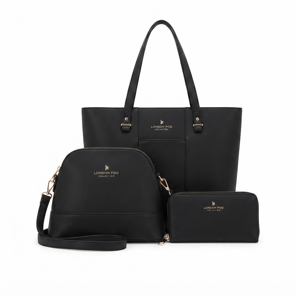 A three-piece black faux leather bag set by London Polo, including a tote bag, a dome-shaped shoulder bag, and a zip-around wallet, all with gold logo lettering and hardware, displayed on a clean white background.