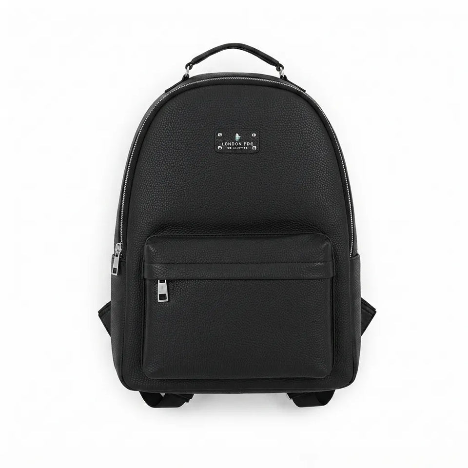 A black pebbled leather backpack with a front zippered pocket and a silver-tone metal logo plate on the upper front, shown against a plain white background.