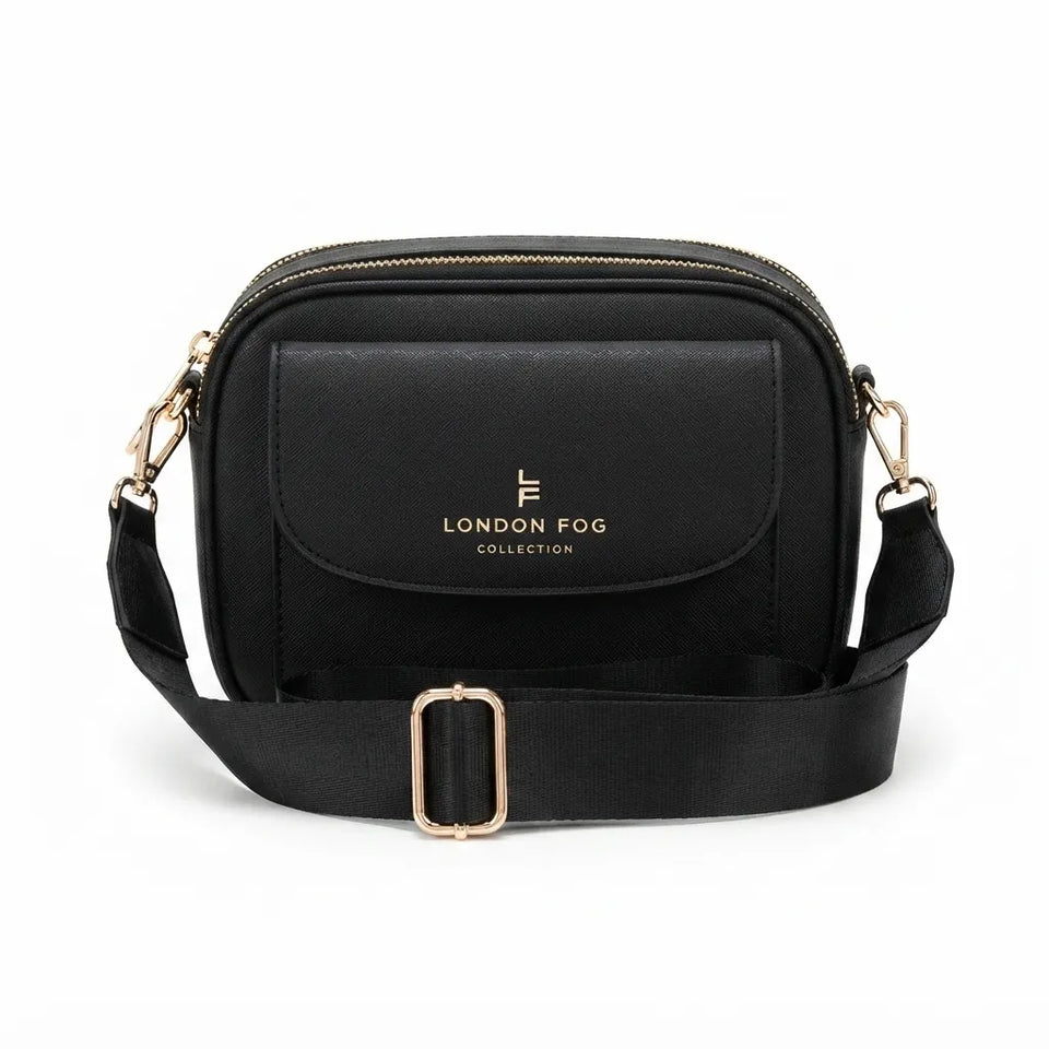 A black crossbody camera bag with a front flap pocket featuring the gold-embossed 'LONDON FOG COLLECTION' logo. The bag has gold-tone hardware, a top zipper, and a wide adjustable black strap with a gold buckle, shown against a plain white background.