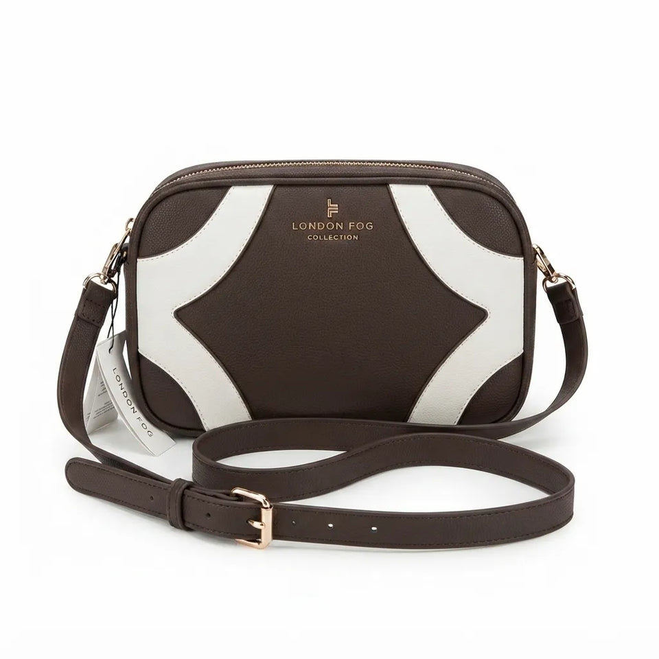 A London Fog Collection crossbody camera bag in dark brown and white with a matching brown strap and gold-tone hardware, shown on a white background.