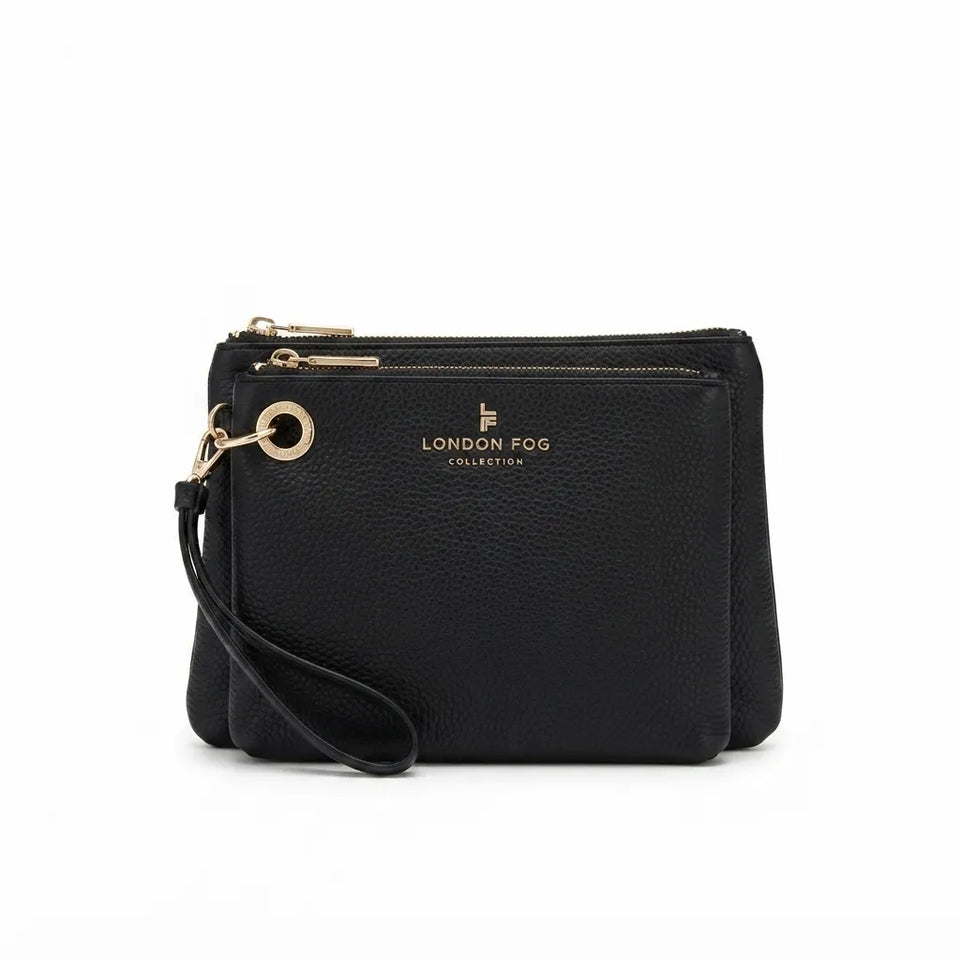 A black pebbled leather wristlet clutch by London Fog Collection, featuring a top zip closure, a wrist strap, and gold-tone hardware with the brand logo on the front.