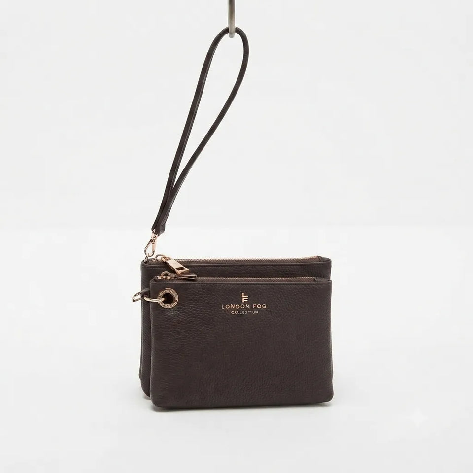 A dark brown textured leather wristlet clutch with a matching wrist strap, gold-tone hardware, and a gold-embossed logo on the front, set against a plain white background.