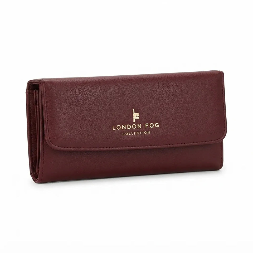 A burgundy leather long wallet with gold 'LONDON FOG COLLECTION' branding on the front flap, shown on a clean white background.