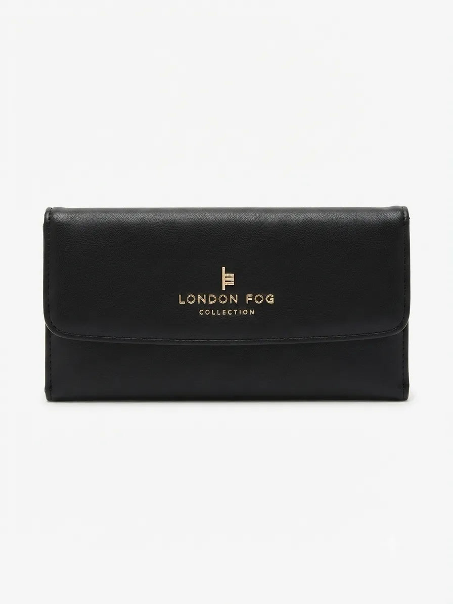 A black leather clutch wallet with gold foil branding from the London Fog Collection, displayed against a clean white background.