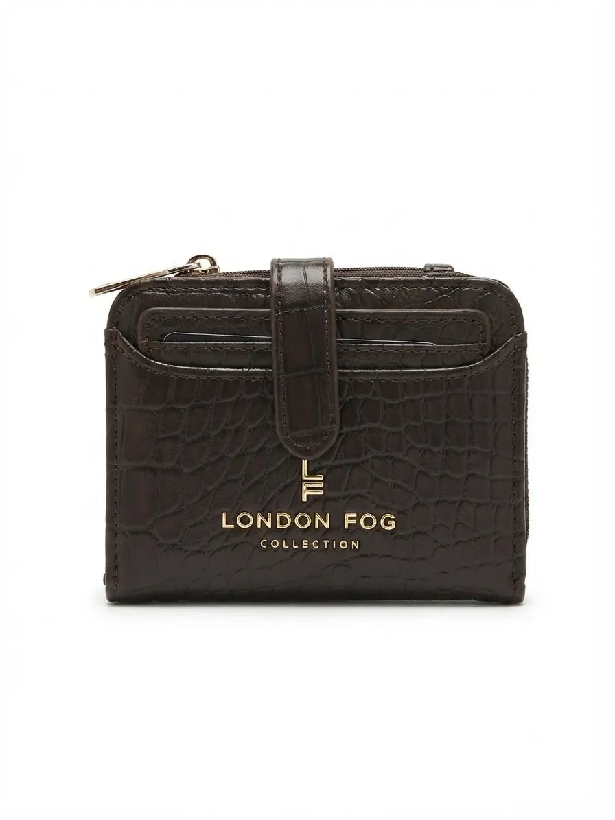 A dark brown crocodile-embossed leather zip-around wallet with a front card pocket and gold 'LONDON FOG COLLECTION' branding, shown on a plain white background.