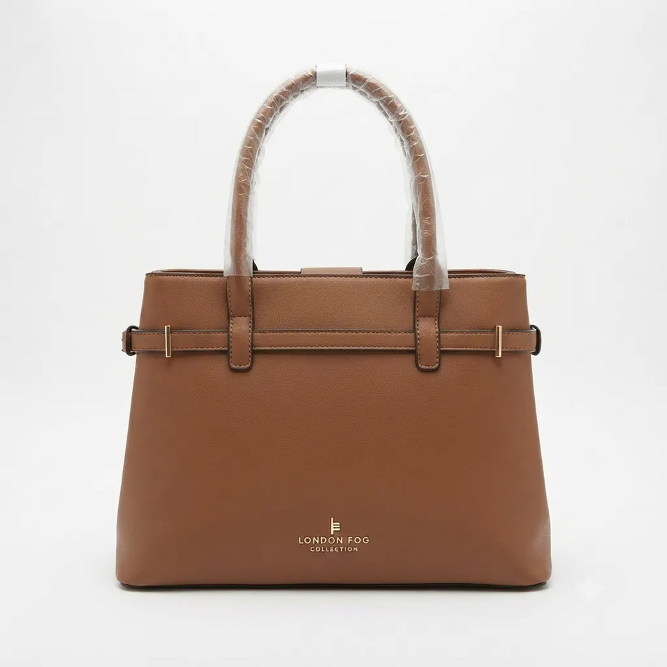 A brown leather handbag with a structured rectangular shape, featuring dual top handles wrapped in protective plastic, a horizontal strap detail across the front with gold-tone hardware, and the 'LONDON FOOD COLLECTION' logo printed in gold at the bottom center.