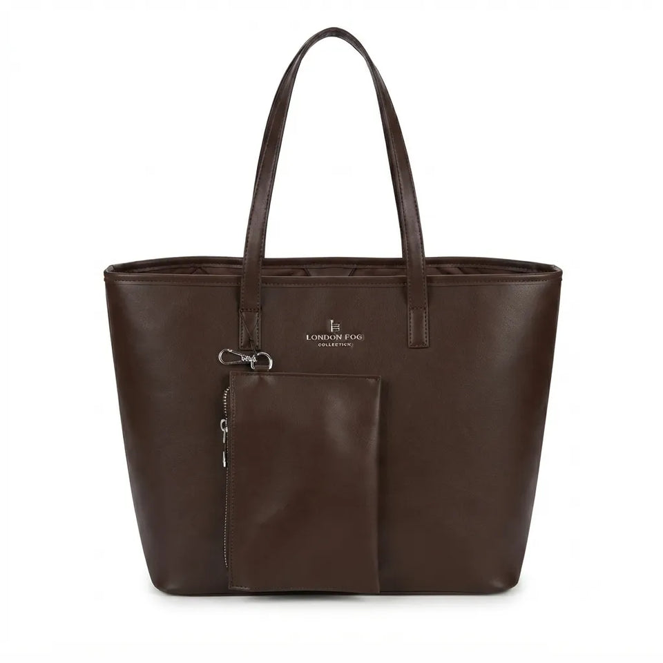 A dark brown leather tote bag with dual shoulder straps, a front zippered pocket, and a small silver-tone logo plaque on the front, shown against a plain white background.