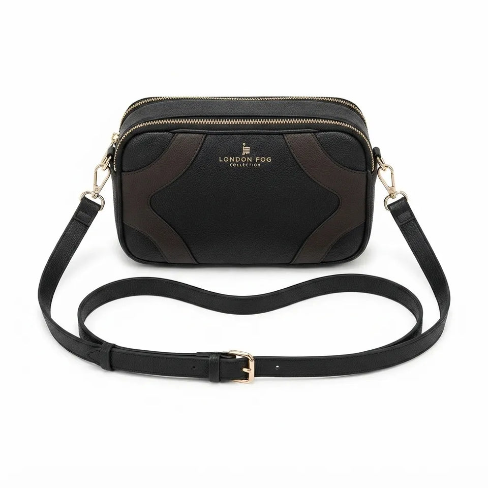 A black and dark brown crossbody camera bag with gold-tone hardware and a matching black strap, displayed on a clean white background. The brand name 'LONDON FOG COLLECTION' is printed in gold on the front.