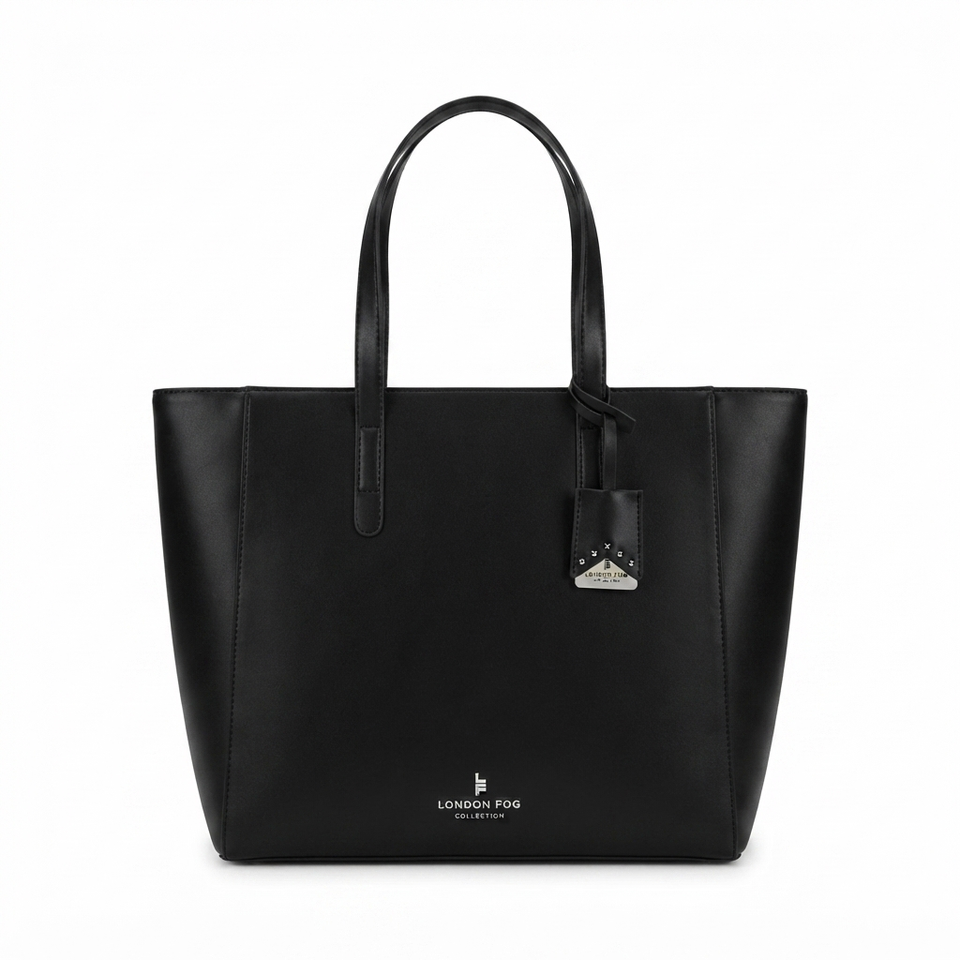 A black leather tote bag with double top handles, a hanging leather tag, and a small silver-tone metal logo plaque on the front. The brand name 'LONDON FOB' is printed in white near the bottom center.