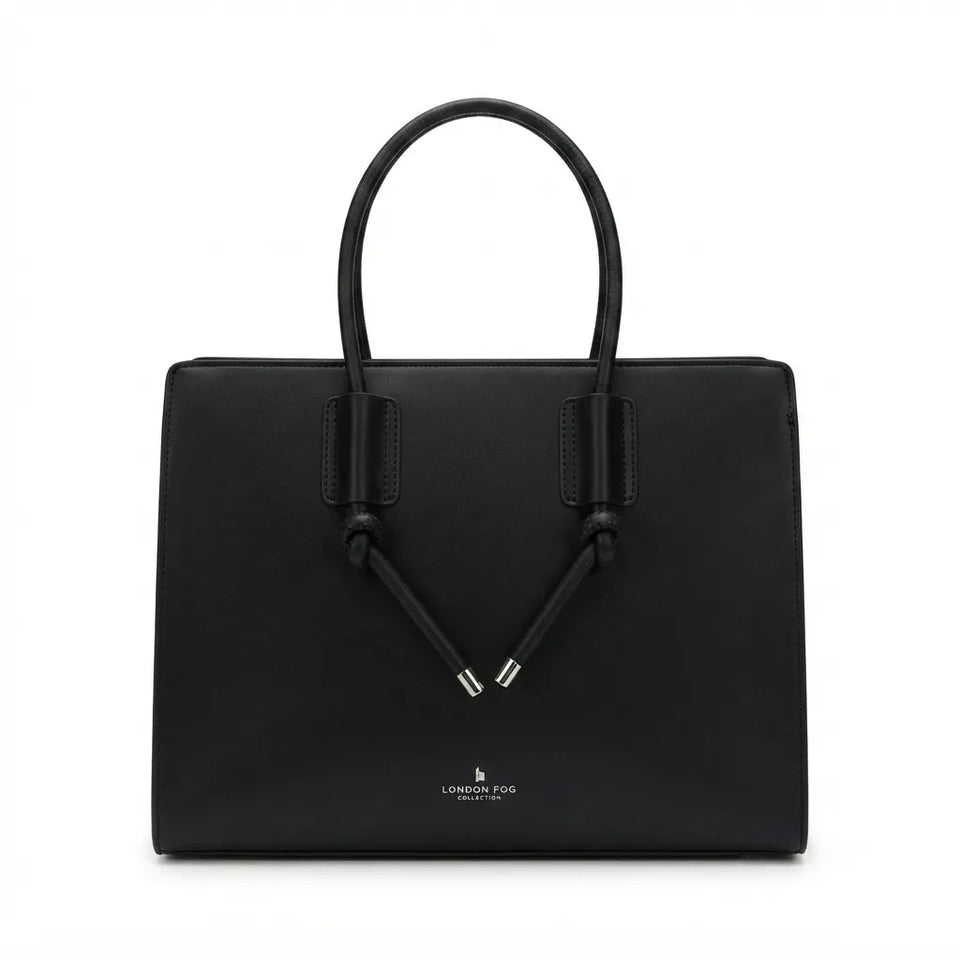 A black leather handbag with double top handles and knotted tie details, featuring a small silver-toned London Eye London logo on the front, set against a plain white background.