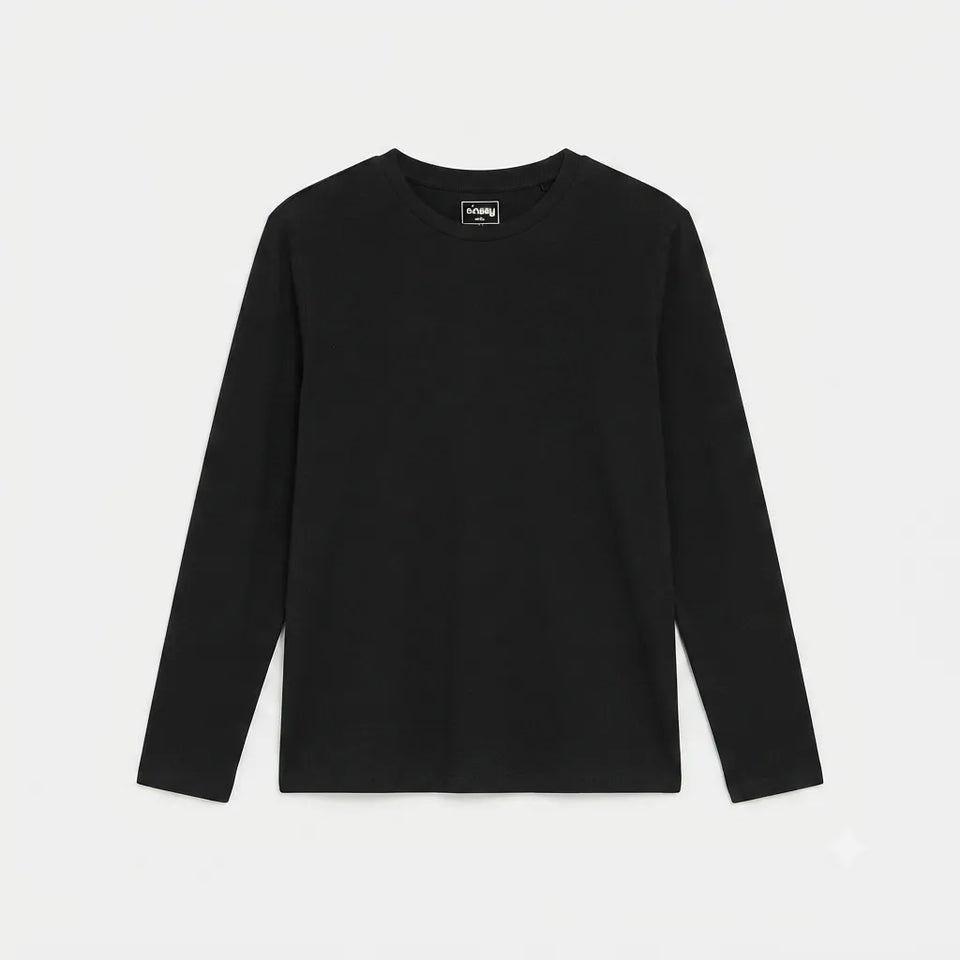 A black long-sleeve crewneck shirt laid flat against a light gray background.