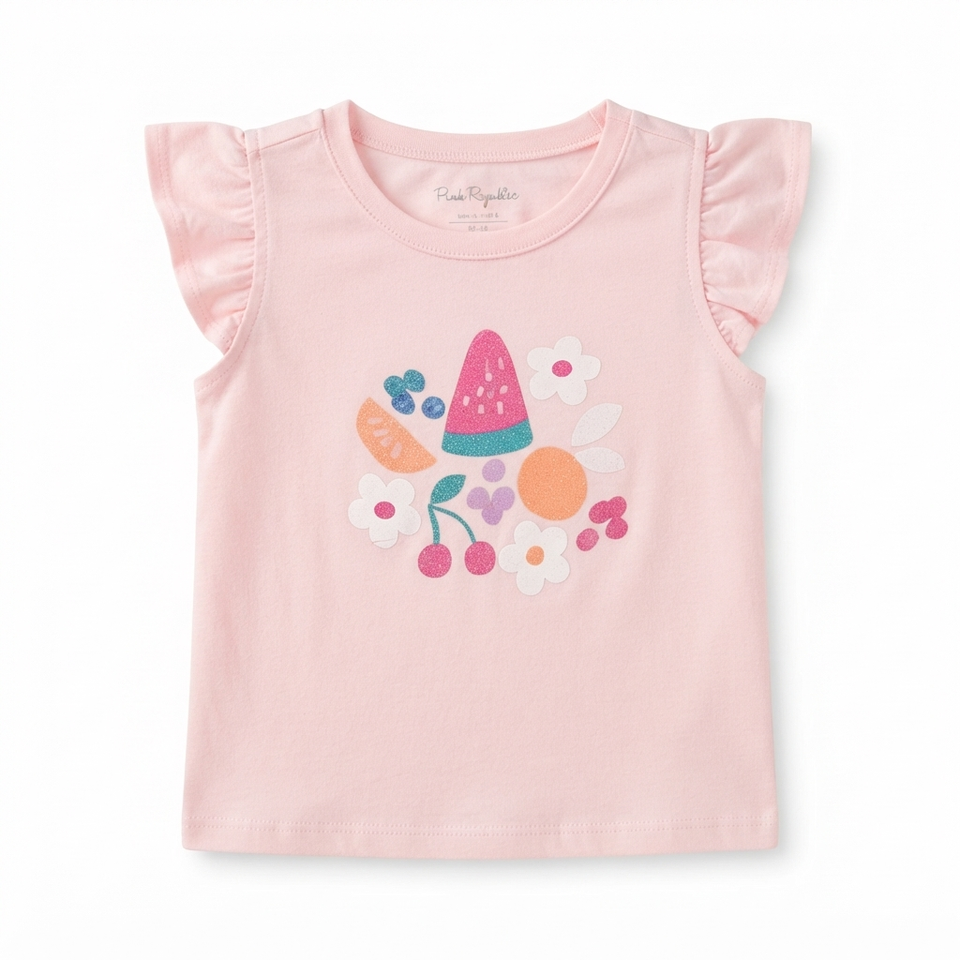 First Impressions Baby Girl's Pink Fruit and Flower Graphic Ruffle-Sleeve Blouse