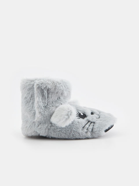 Gray fuzzy mouse slippers on a white background