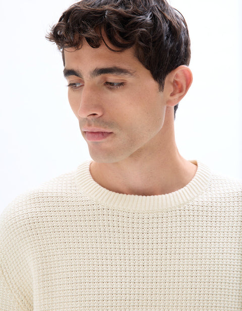 Celio Men's Ecru Waffle-Knit Crewneck Sweater|Celio In Lebanon