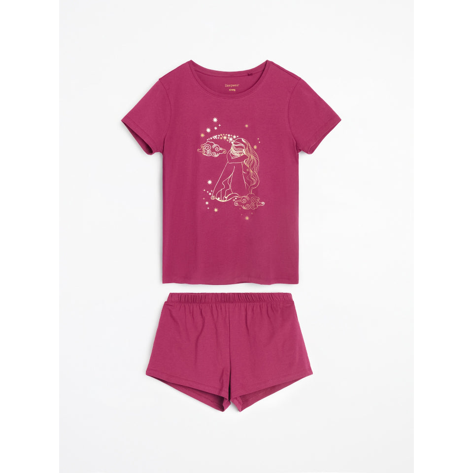 A two-piece kids' loungewear set in a deep magenta pink, featuring a short-sleeve t-shirt with a gold unicorn graphic and matching shorts, displayed flat against a white background.
