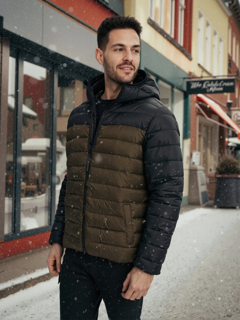 Sinsay Men Olive Green & Black Two-Tone Padded Hooded Jacket | Sinsay in Lebanon
